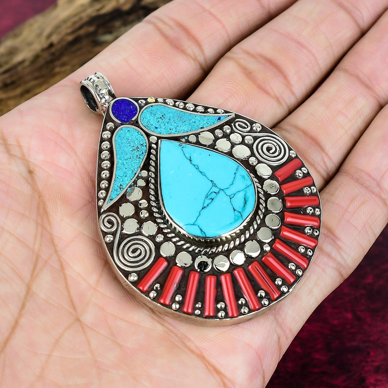 Turquoise, Coral Gemstone Handmade Jewelry 925 Sterling Silver Nepali Pendant