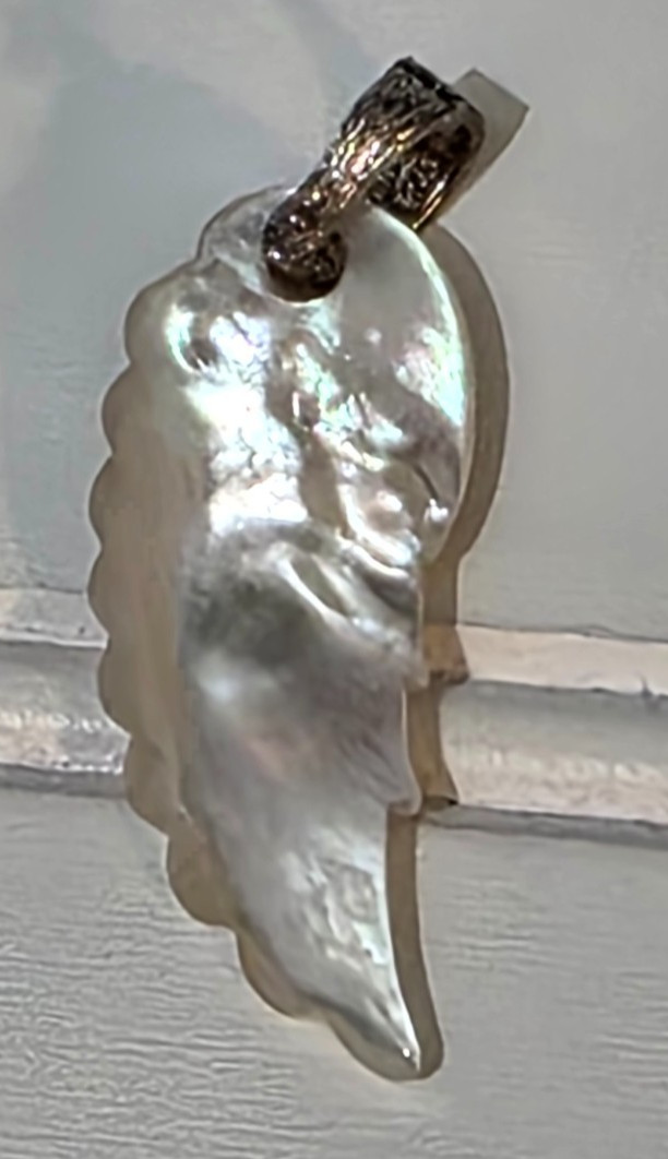 2″ Carved Angel Wing Sterling Silver Pendant Mother of Pearl 925