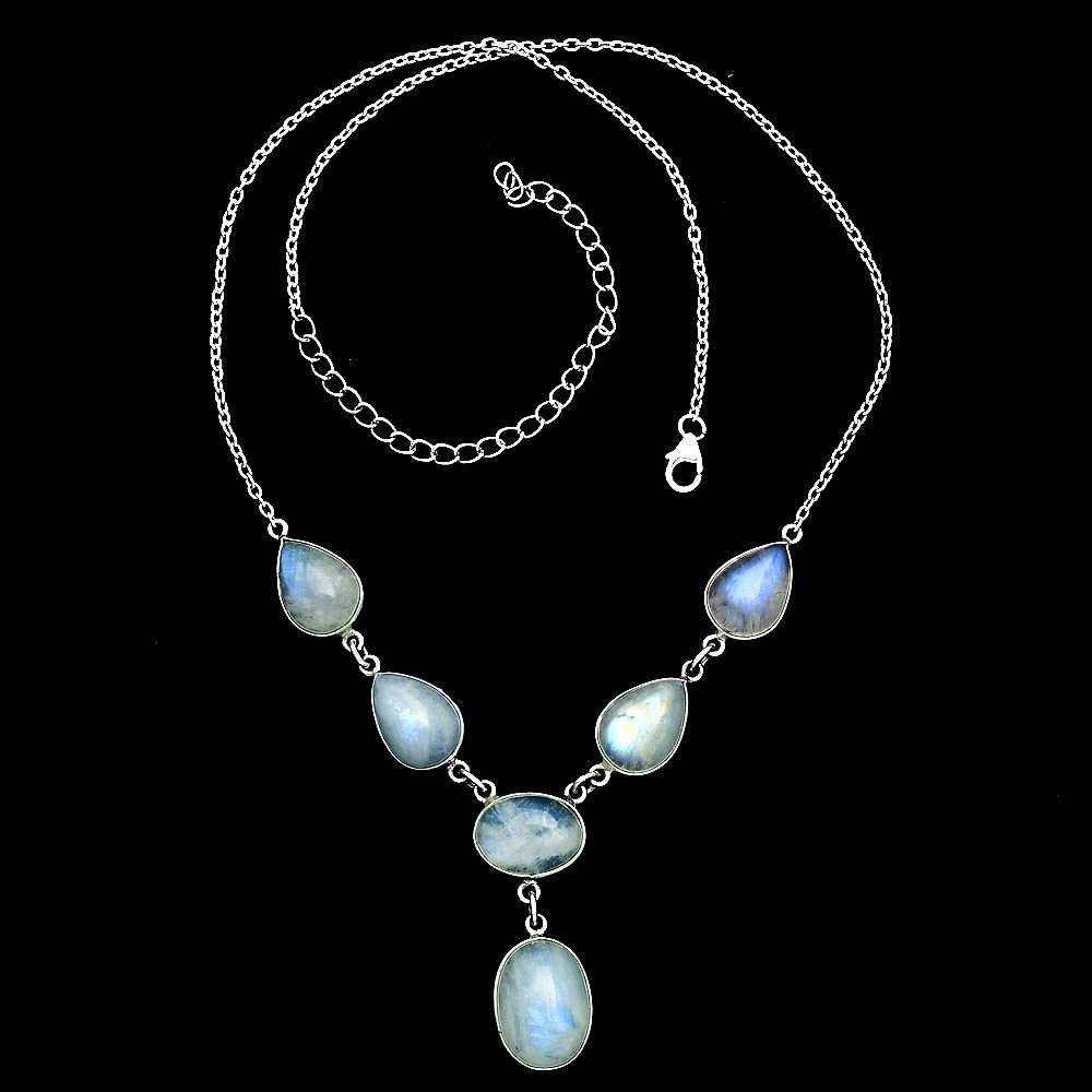 Premium Quality Rainbow Moonstone – India 925 Silver Necklace Jewelry N-1013