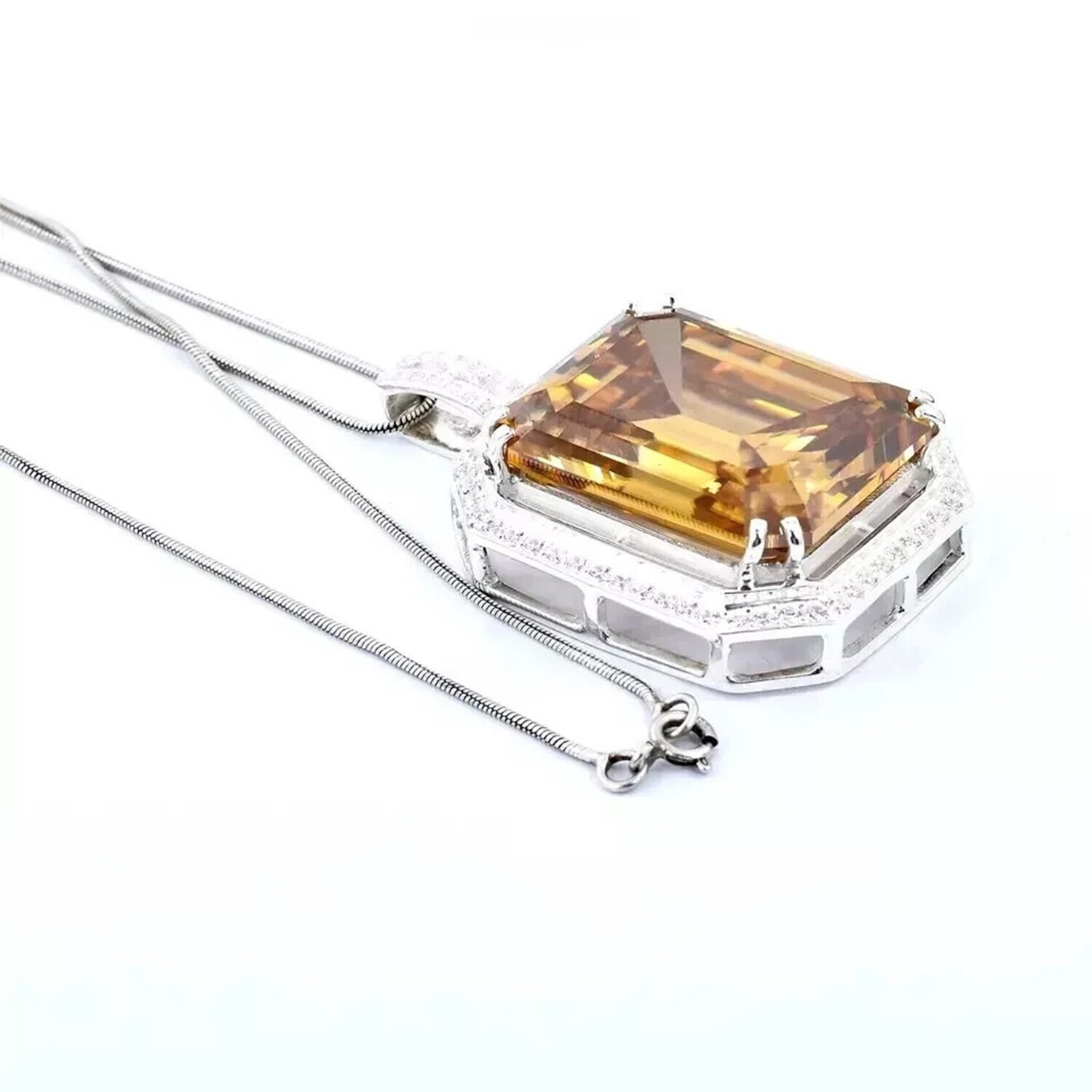 Valentine Gift 10.6 Ct Champagne Emerald Cut Lab Grown Necklace 925 Silver