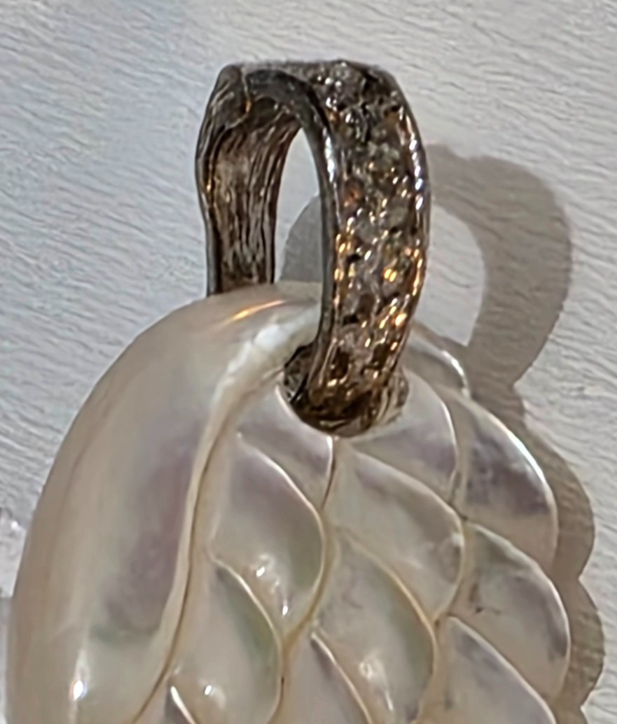 2″ Carved Angel Wing Sterling Silver Pendant Mother of Pearl 925
