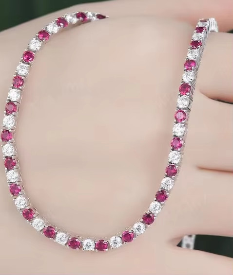 10Ct Round Cut Lab-Created Ruby Single Row Tennis Necklace 925 Sterling Silver