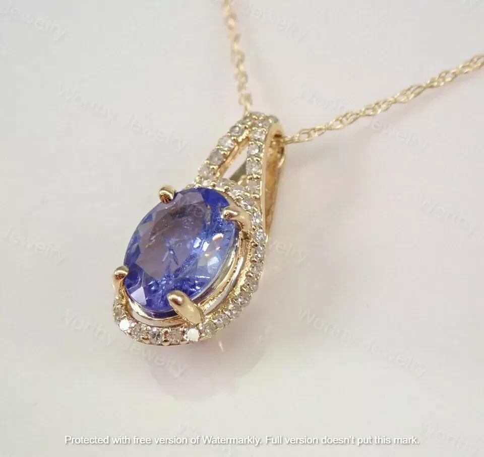 2Ct Oval Cut Blue Sapphire Diamond Halo Pendant Necklace 14K Yellow Gold Finish