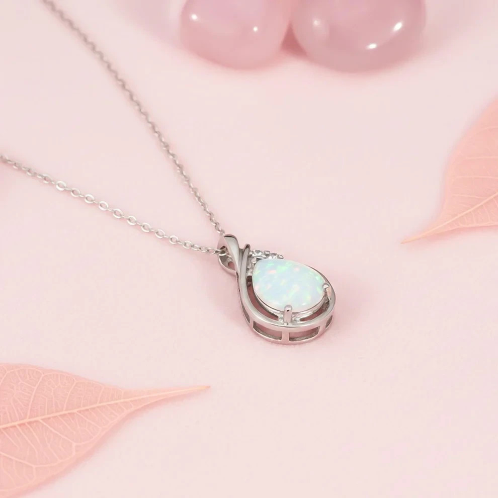 Lab Created Opal and moissanite Necklace 925 Silver Pendant With Chain Necklace