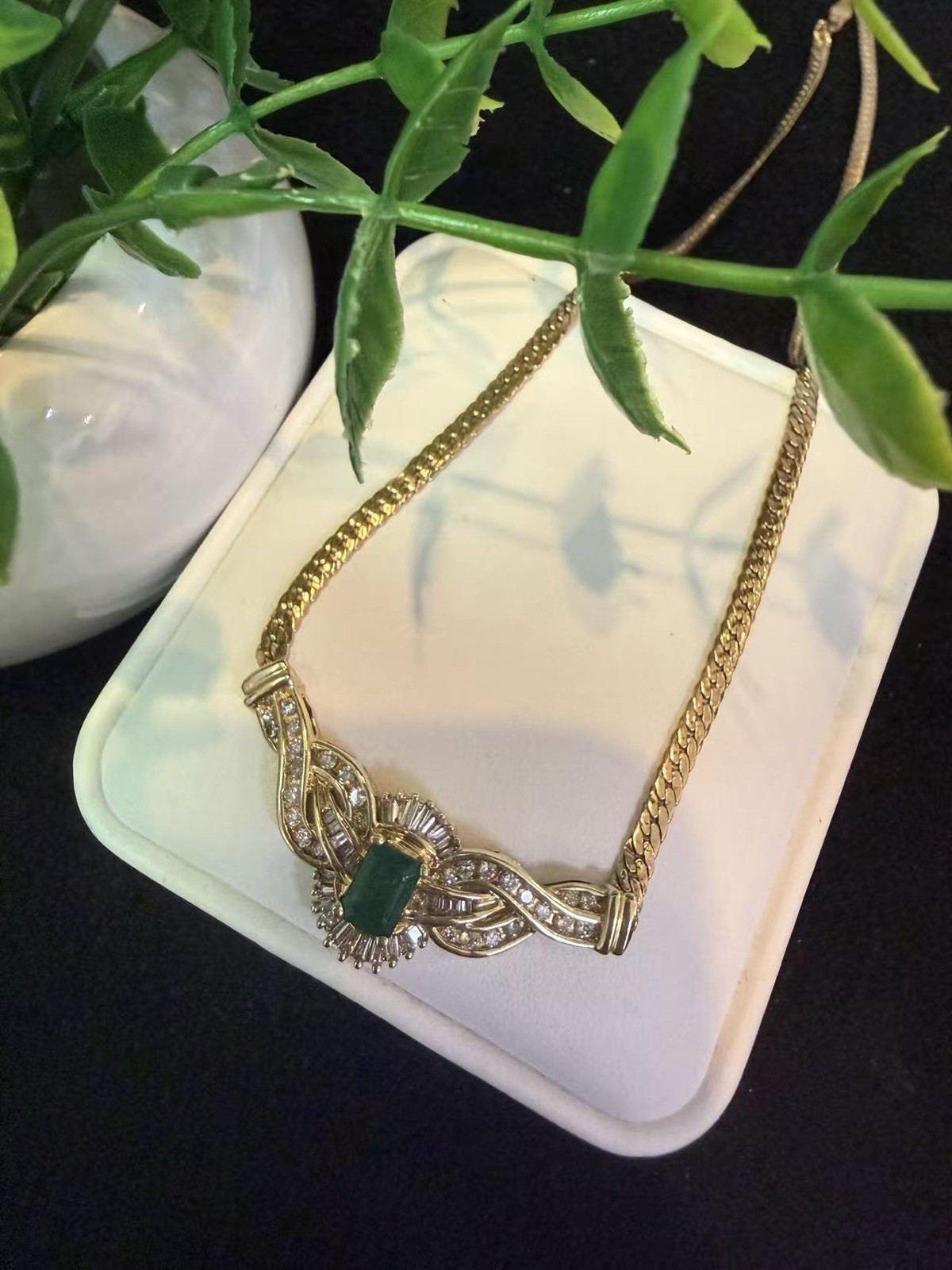 14K Yellow Gold Emerald Diamond Tennis Necklace Vintage Solid Chain