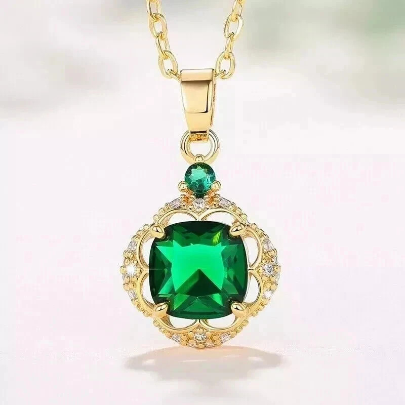 2CT Cushion Cut Lab-Created Green Emerald Diamond Pendant 14K Yellow Gold Plated