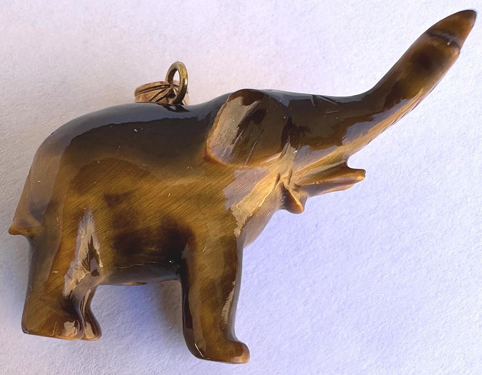Beautiful 14K Gold and Natural Tiger Eye Stone Elephant Pendant