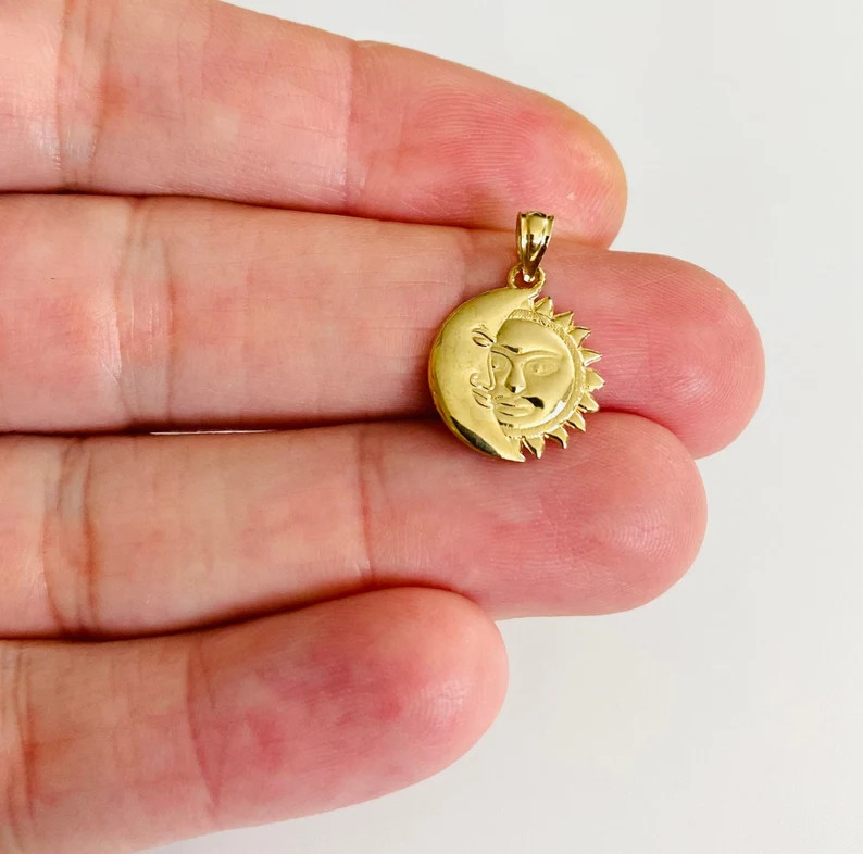 14K Real Gold Sun and Moon 19mm / 0.74″ Small Celestial Sun Moon Pendant -PT1936