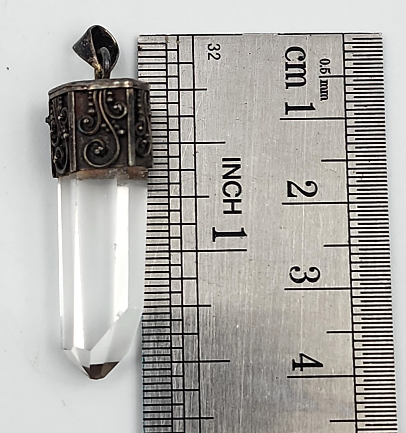 Quartz Point Crystal Pendant Sterling Silver Filigree Cap 1.5 In