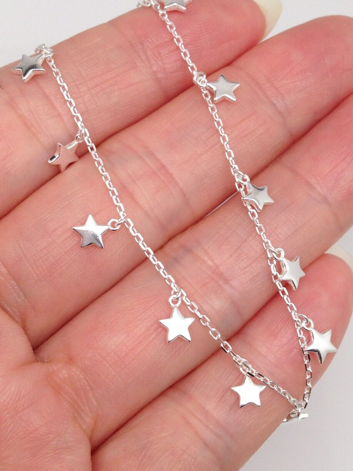 925 Sterling Silver Dangle Star Station Choker Necklace Dainty 3.5mm 15.5″ Women