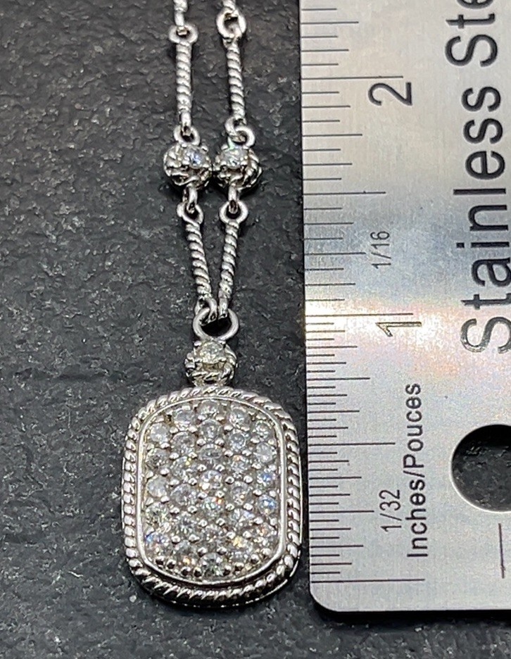 ADI Sterling Silver CZ Dog Tag Pendant with Twisted Bar Link Station 18” L Chain