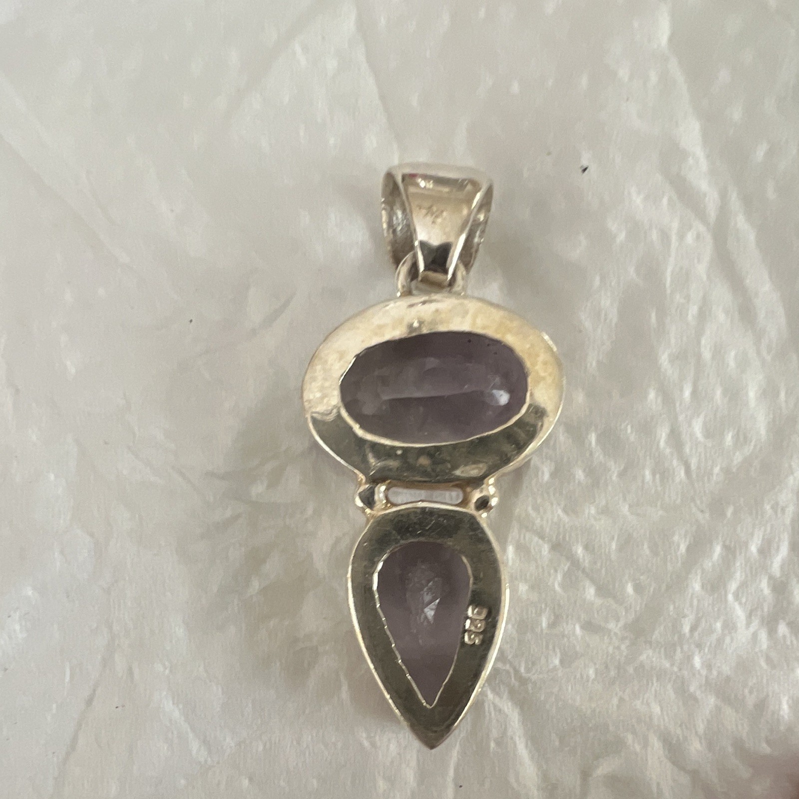 925 Sterling Silver Amethyst Double Stone Teardrop Pendant, Bezel Set, Signed