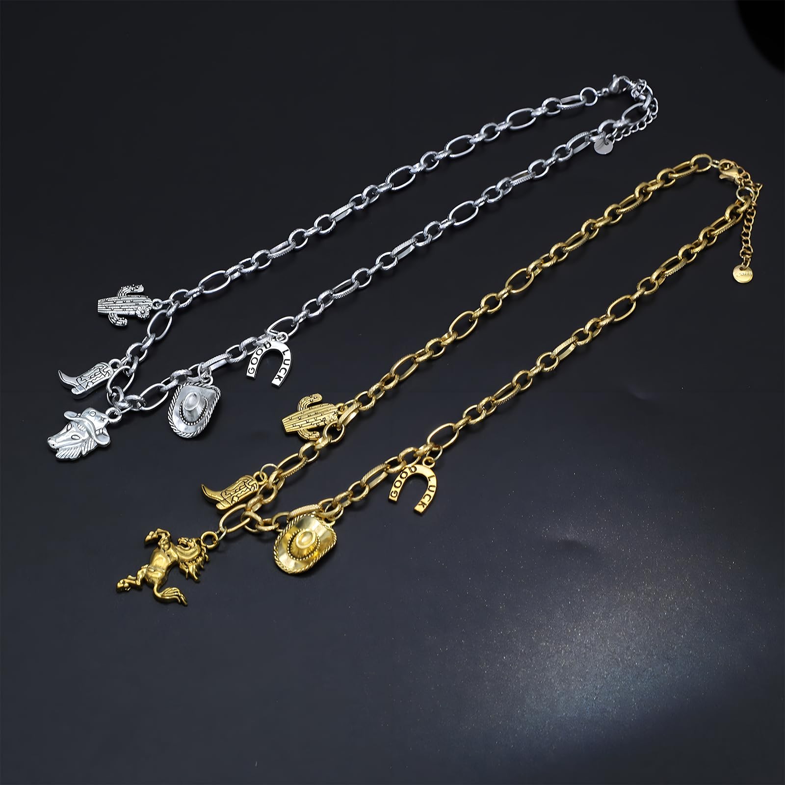 Multi Charm Necklace for Women Chunky Gold Plated Paperclip Chain Choker Ne – 06