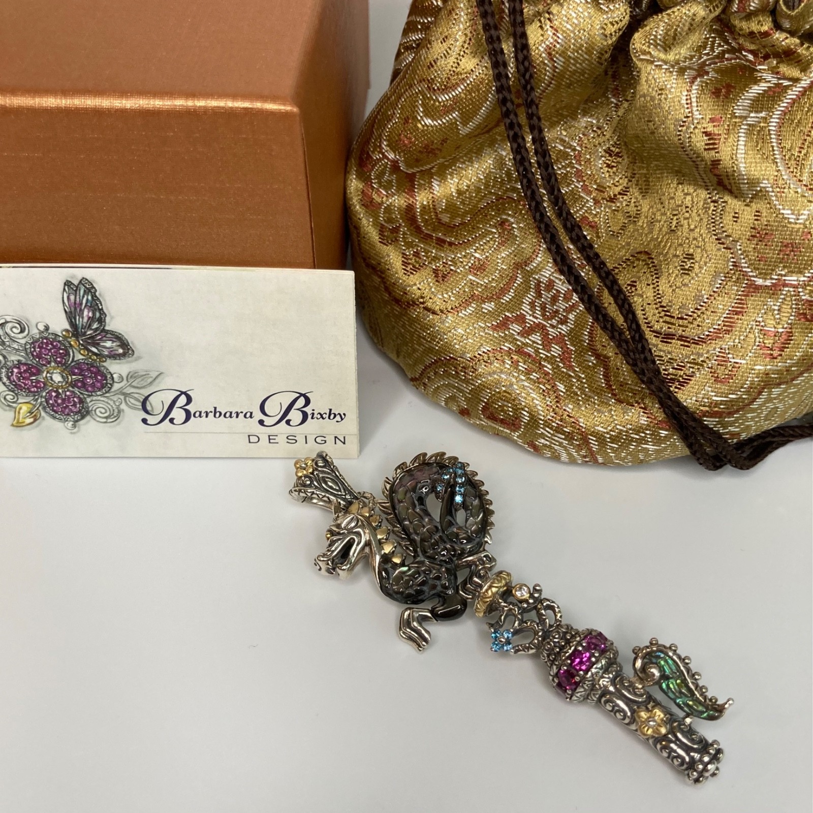 Barbara Bixby Dragon Key Enhancer Pendant Gemstones 18k Gold Sterling 925 in Box