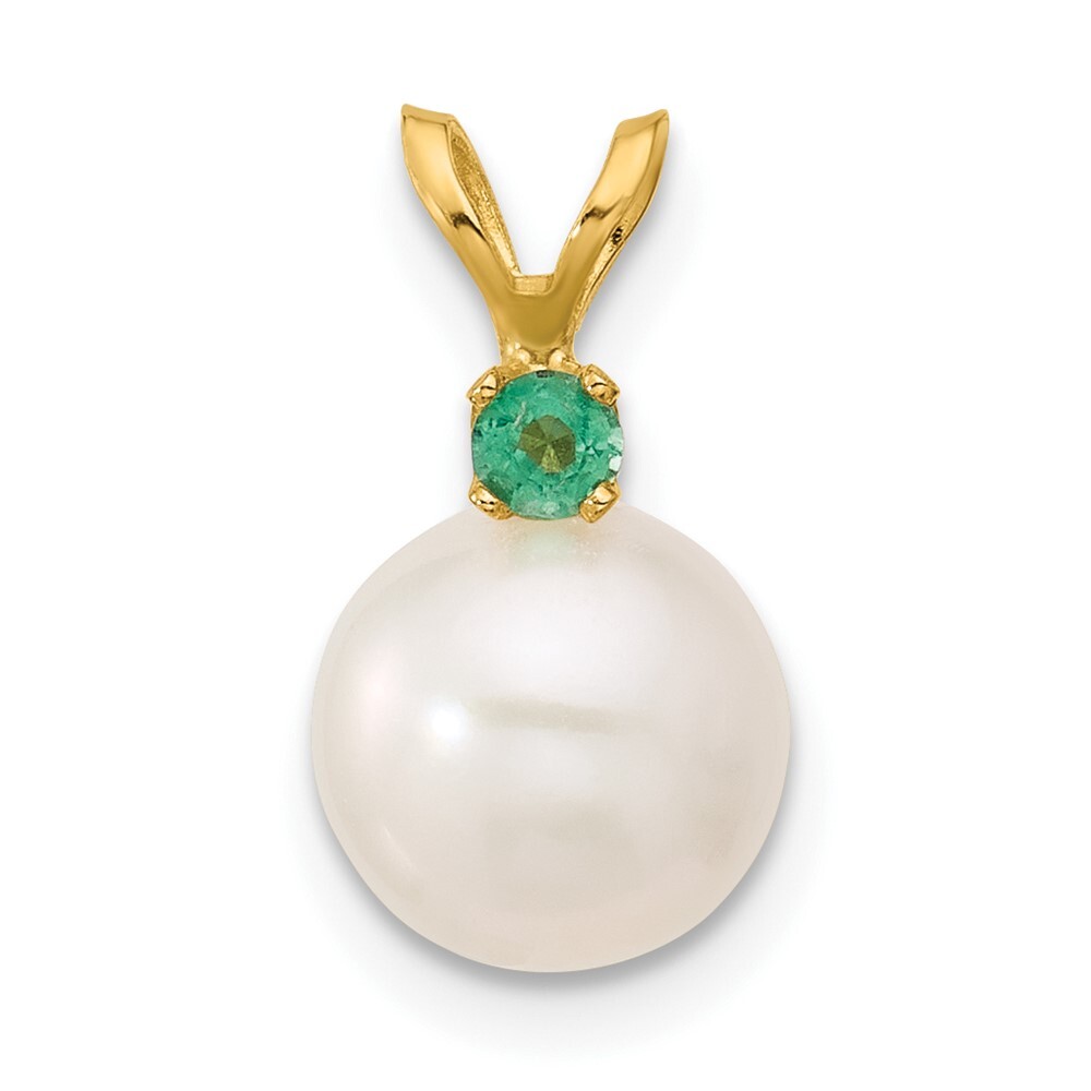14k Yellow Gold 14k8-8.5mm White Freshwater Cultured Pearl & Emerald Pendant