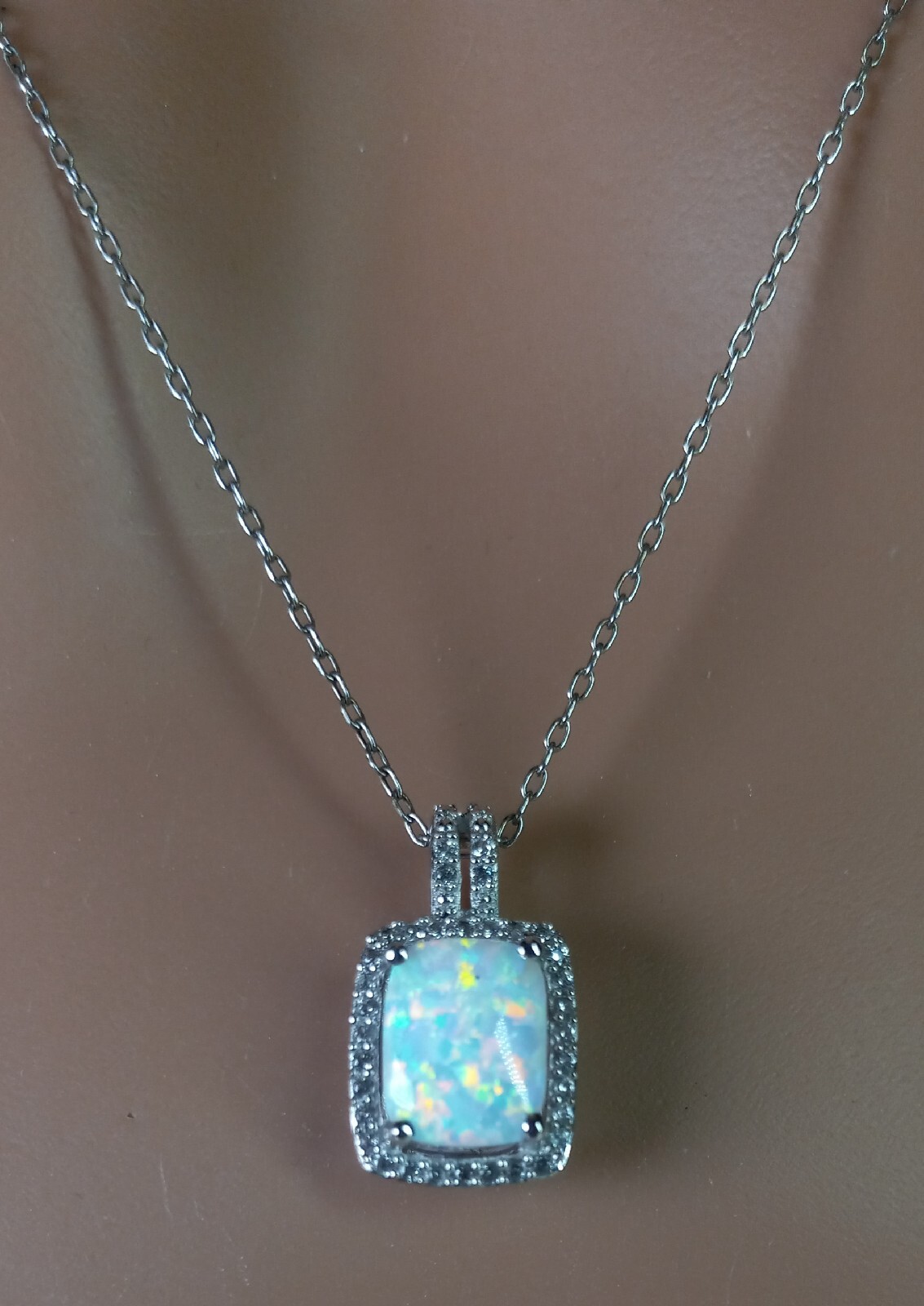 New Opal & White Sapphire Lab Created Sterling Silver 18″ Pendant Necklace