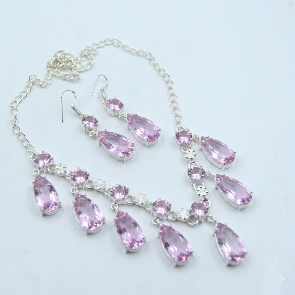 Pink Kunzite Gemstone 925 Sterling Silver Jewelry Set For Women’s Gift”