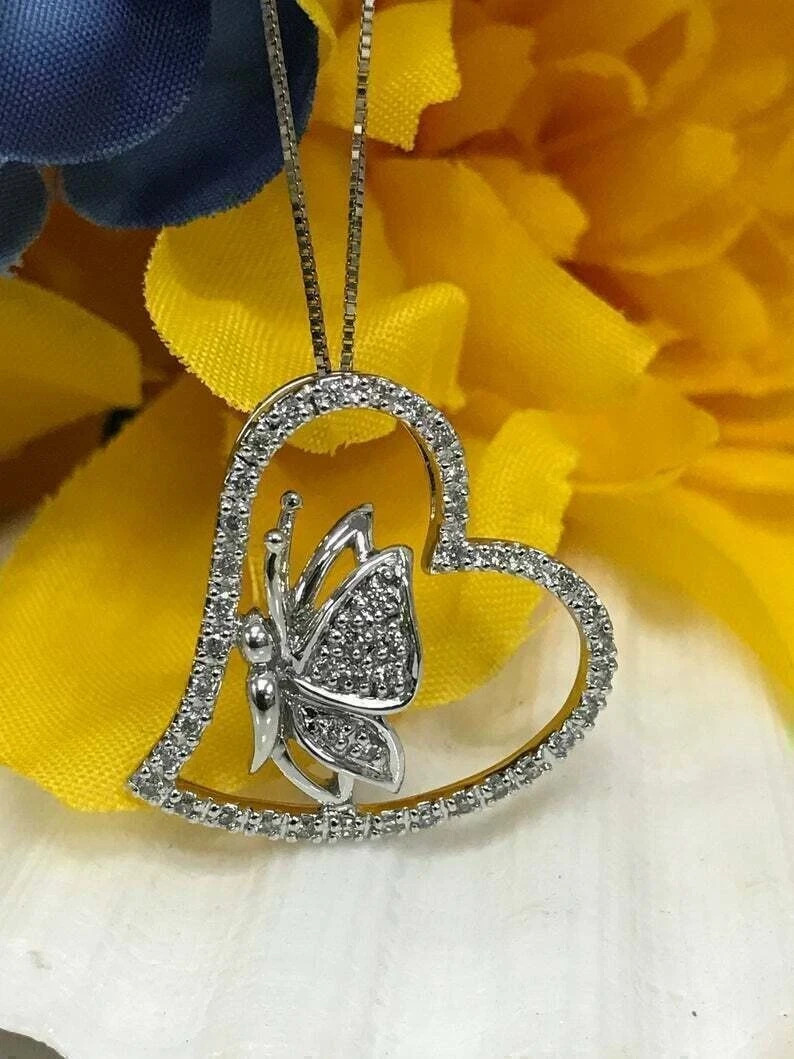 0.70Ct Round VVS1/D Diamond Heart Butterfly Pendant 14K White Gold FN Free Chain
