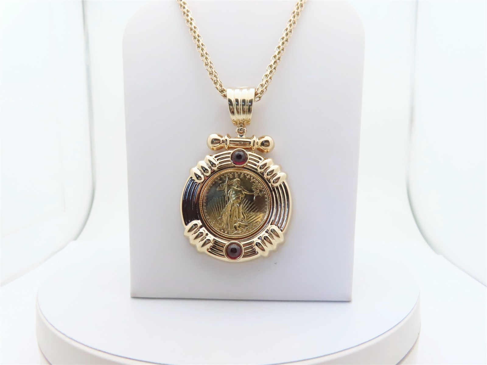 1997 Gold Eagle Coin Bullion Necklace $10 1/4 oz 14k Red Garnet Pendant 23″ N446