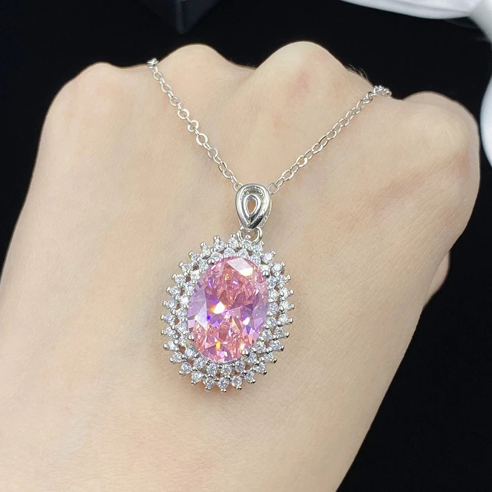 7.30Ct Oval Cut Natural Pink Sapphire & Diamond 14K White Gold Luxury Pendant