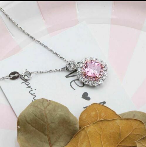 3Ct Cushion Cut Pink Sapphire Halo Pendant 14K White Gold Finish Free Chain