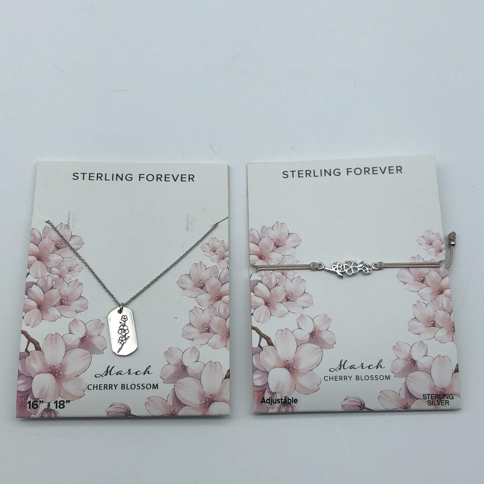 Sterling Silver Cherry blossom March Birthday jewelry lot of 2 necklace bracelet