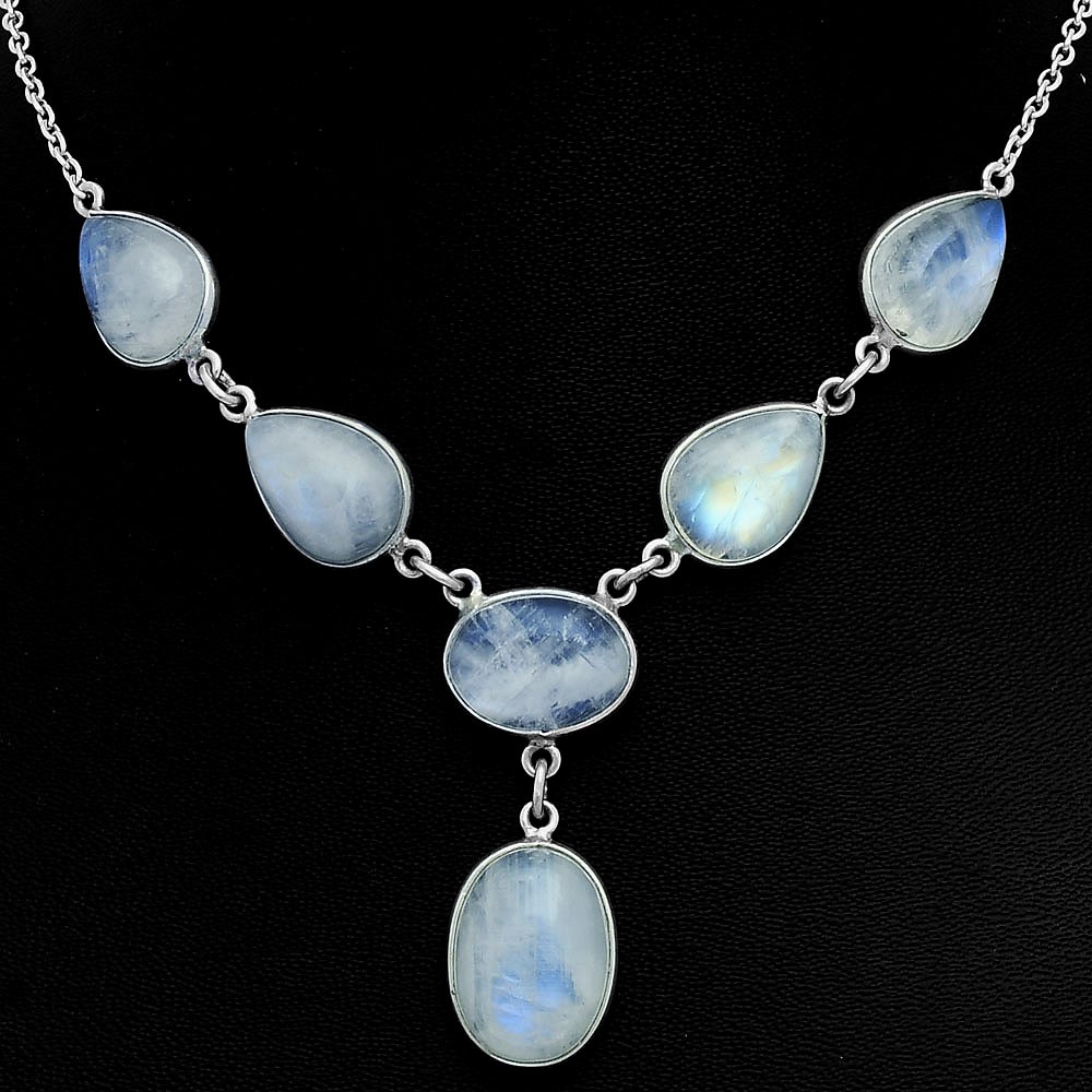 Premium Quality Rainbow Moonstone – India 925 Silver Necklace Jewelry N-1013