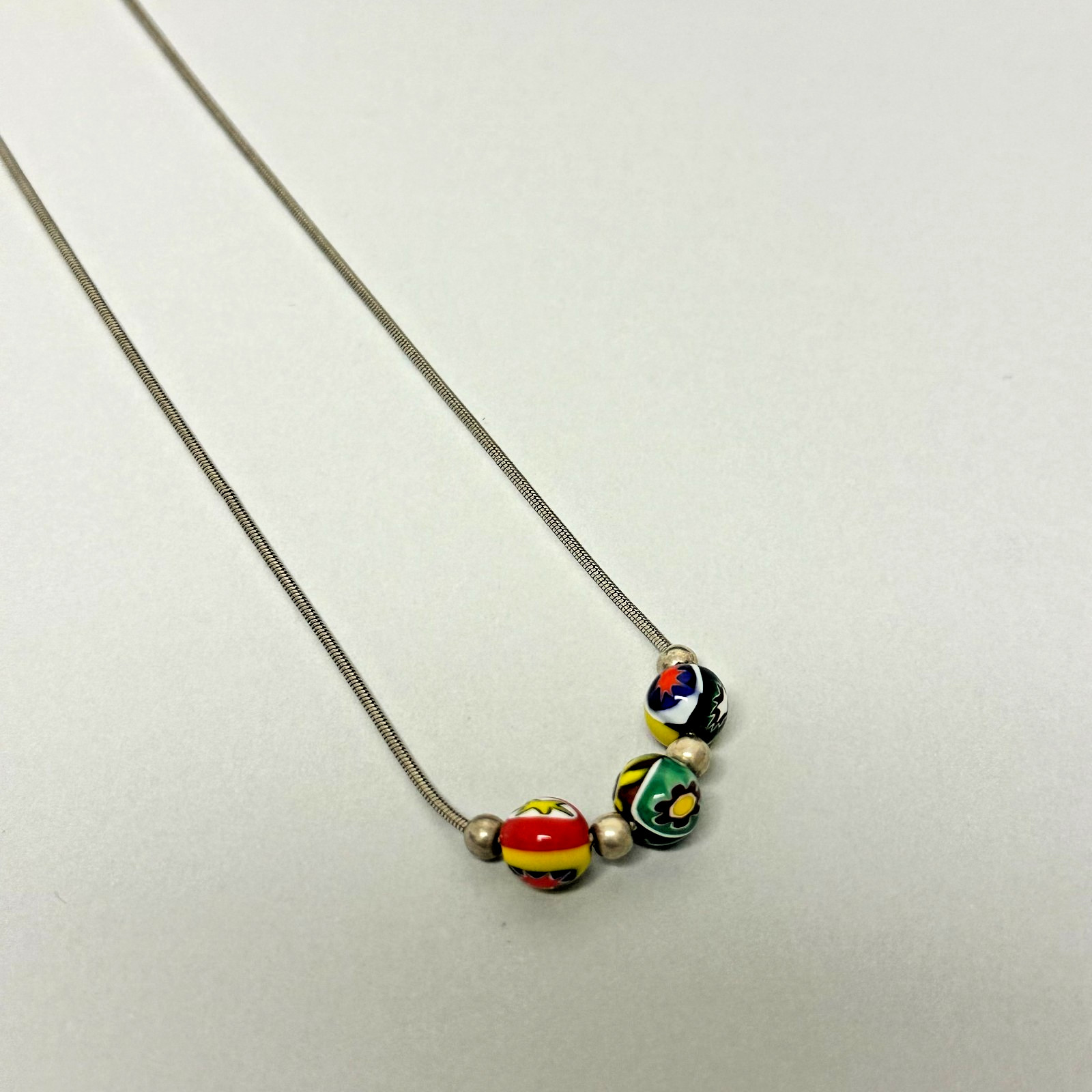 Sterling Silver Venetian Millefiori Beaded Necklace Snake Chain Italy Minimalist