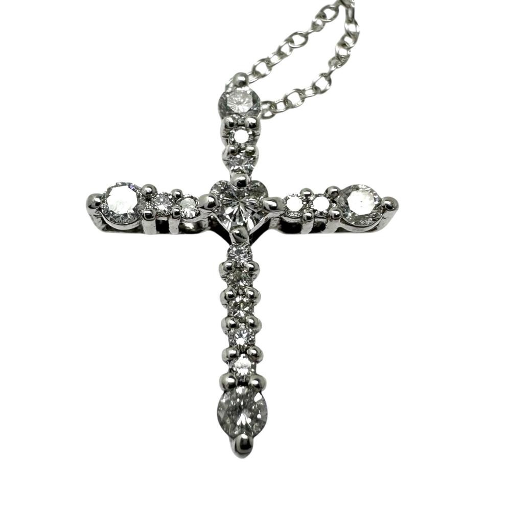 AHKAH cross diamond 0.33ct in total Necklace K18WG white gold 3.2g 17.3″ Women