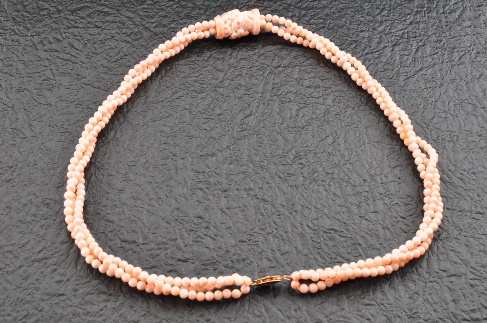 14k gold clasp pink coral necklace carved “cherry blossoms” Certification box.