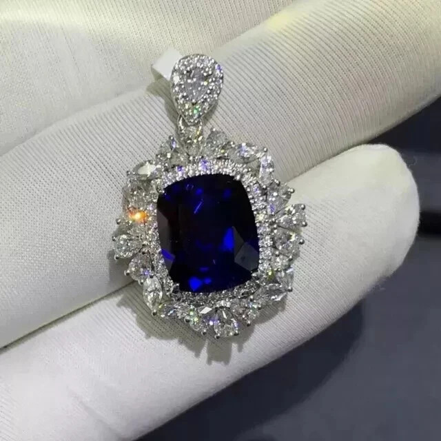 3.00 CT Cushion Cut Lab-Created Blue Sapphire Halo Pendant 14K White Gold Over
