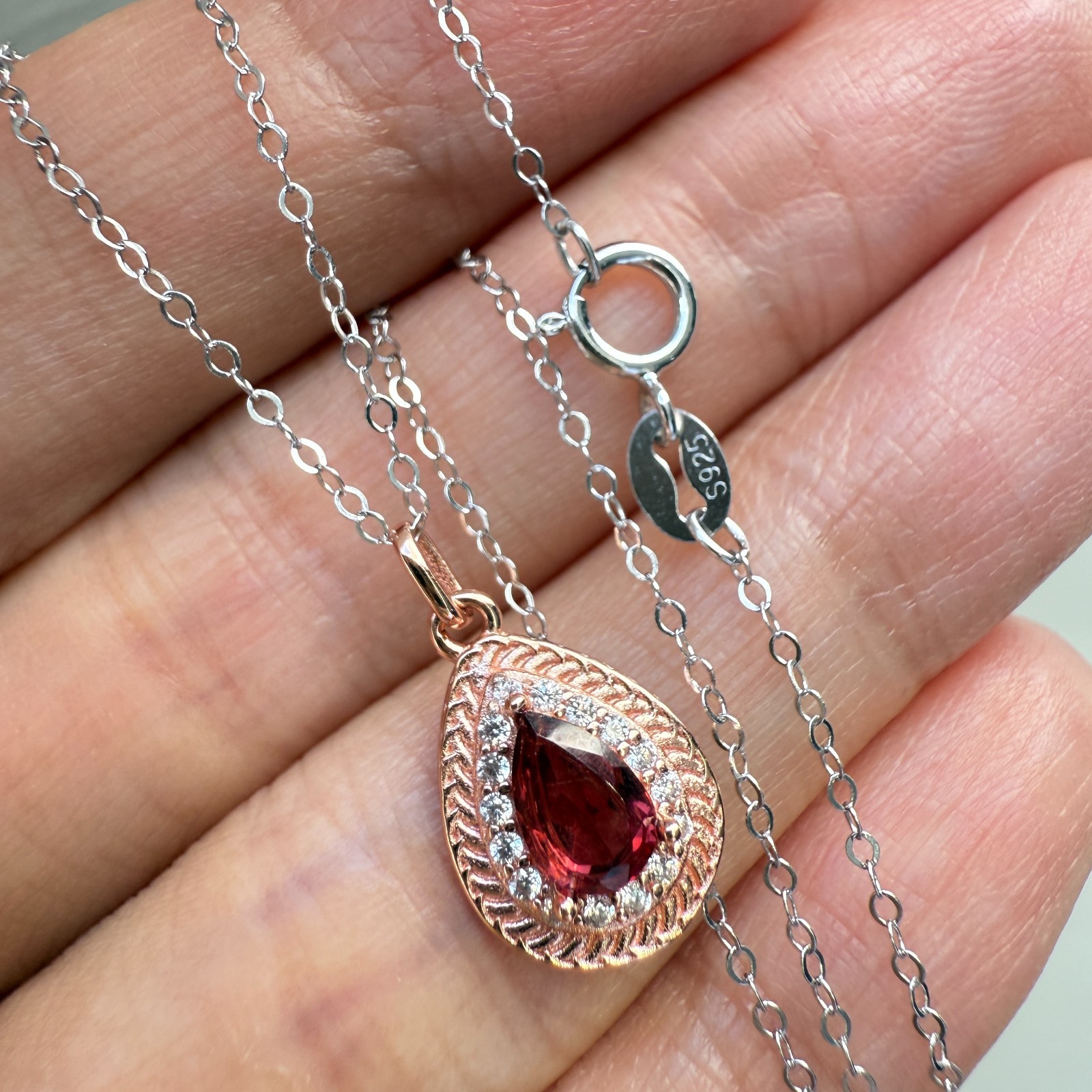 925 Sterling Silver Necklace 6x4mm Natural Garnet Gemstone Zircon Handmade Chain