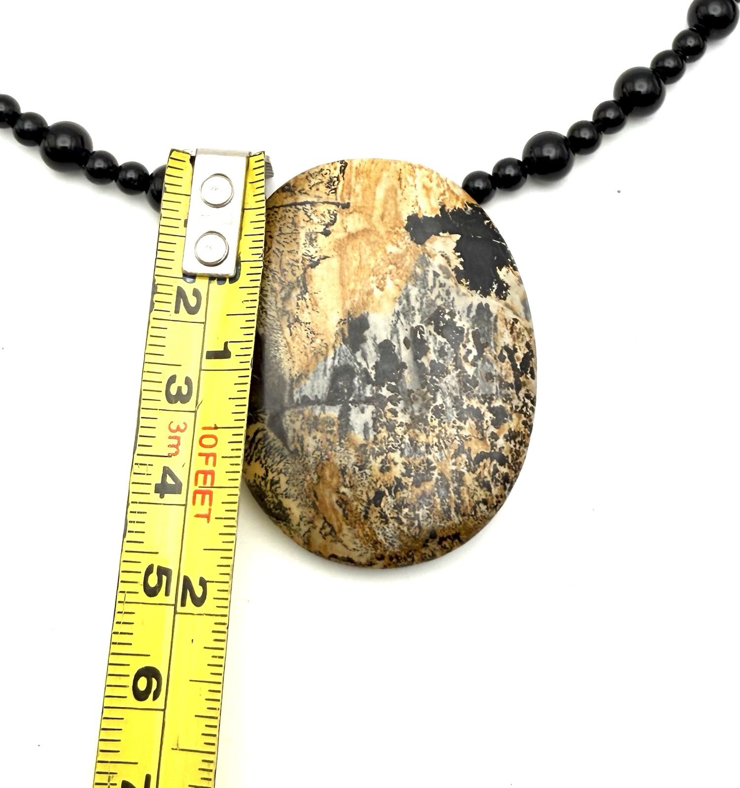 Dendritic Picture Jasper Pendant 925 Clasp Necklace. Black Gemstone Beaded 18”