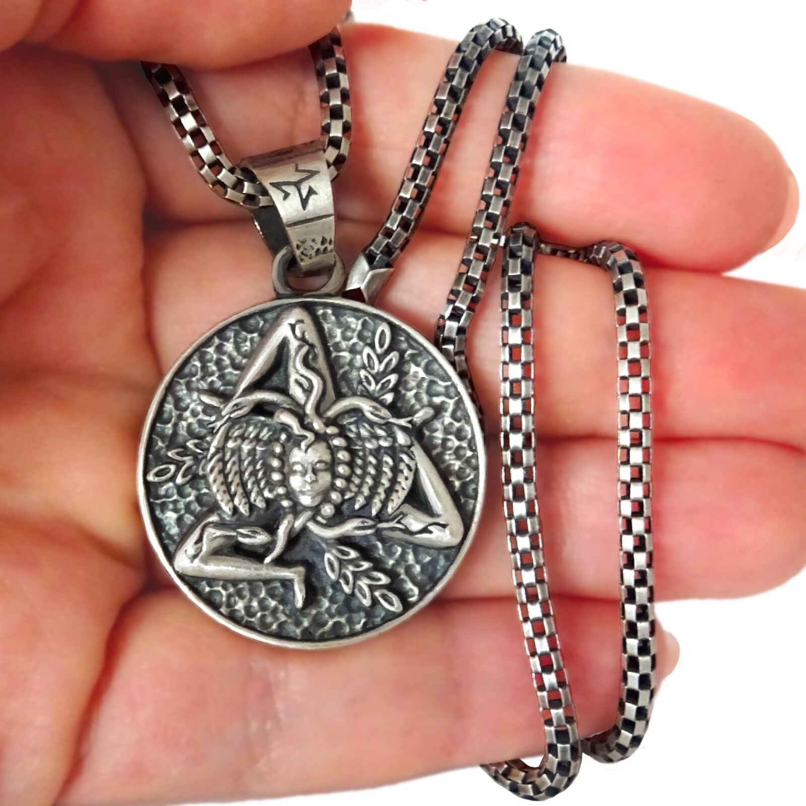 Medusa Triskelion Sterling Silver 925 Trinacria Pendant with Chain Sicilian