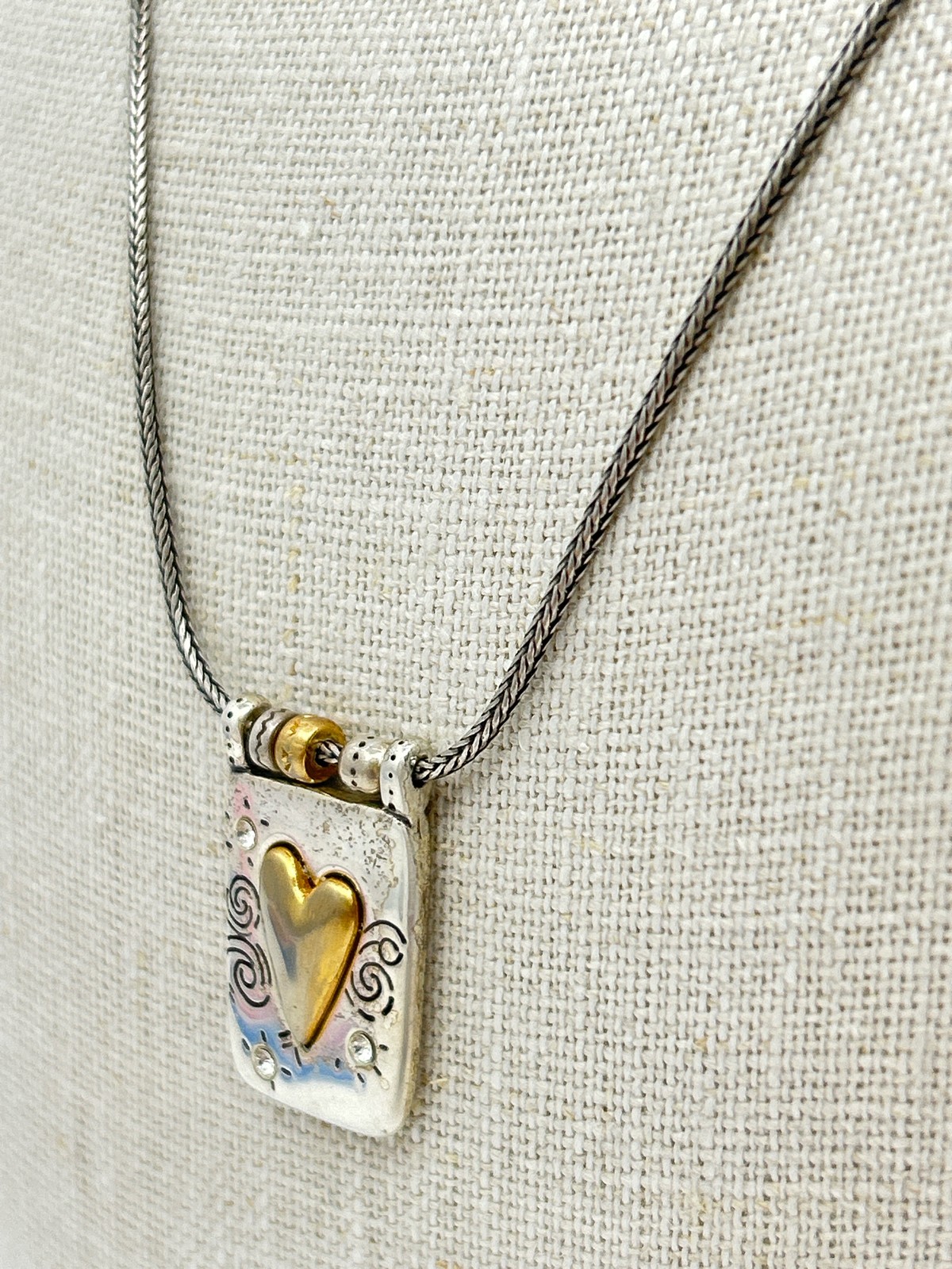 BRIGHTON Remember Your Heart Necklace Silver & Gold Plated 16-18″ Etched Pendant