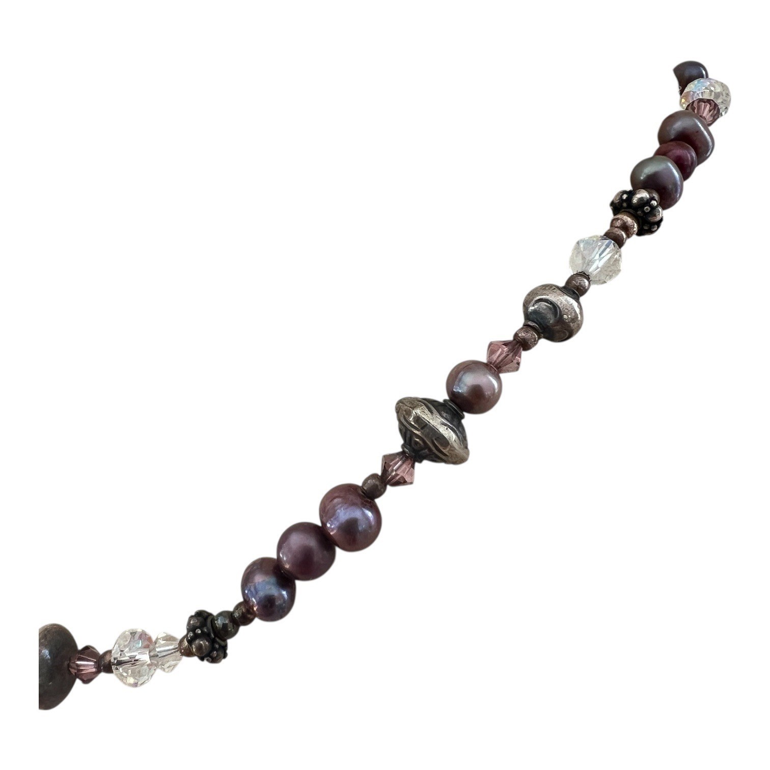 Tres Jolie Signed Sterling Silver Pearl & Crystal Tassel Beaded Necklace 18″