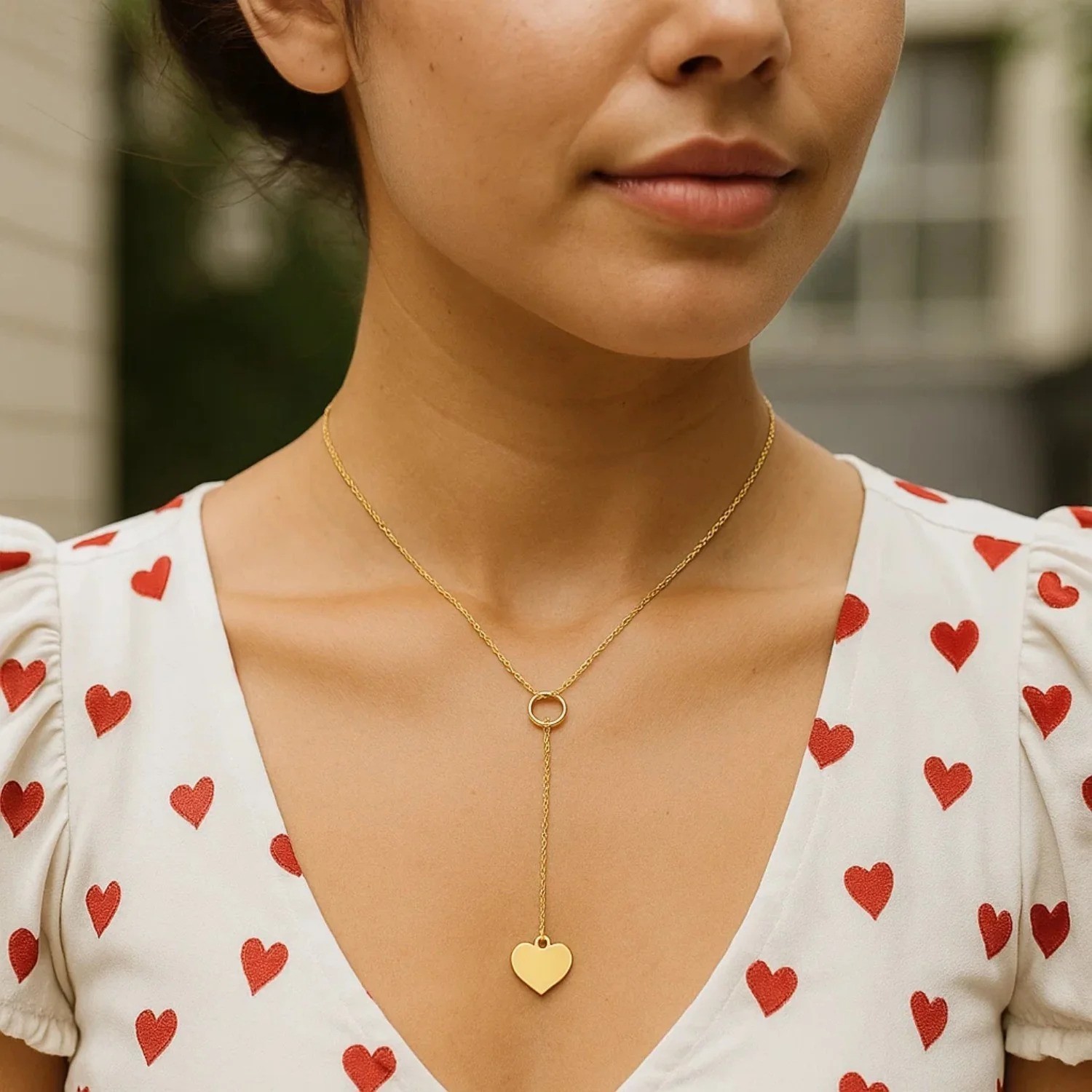 Delicate Heart Lariat Y Necklace 14K Yellow Gold Handmade Fine Valentines Day