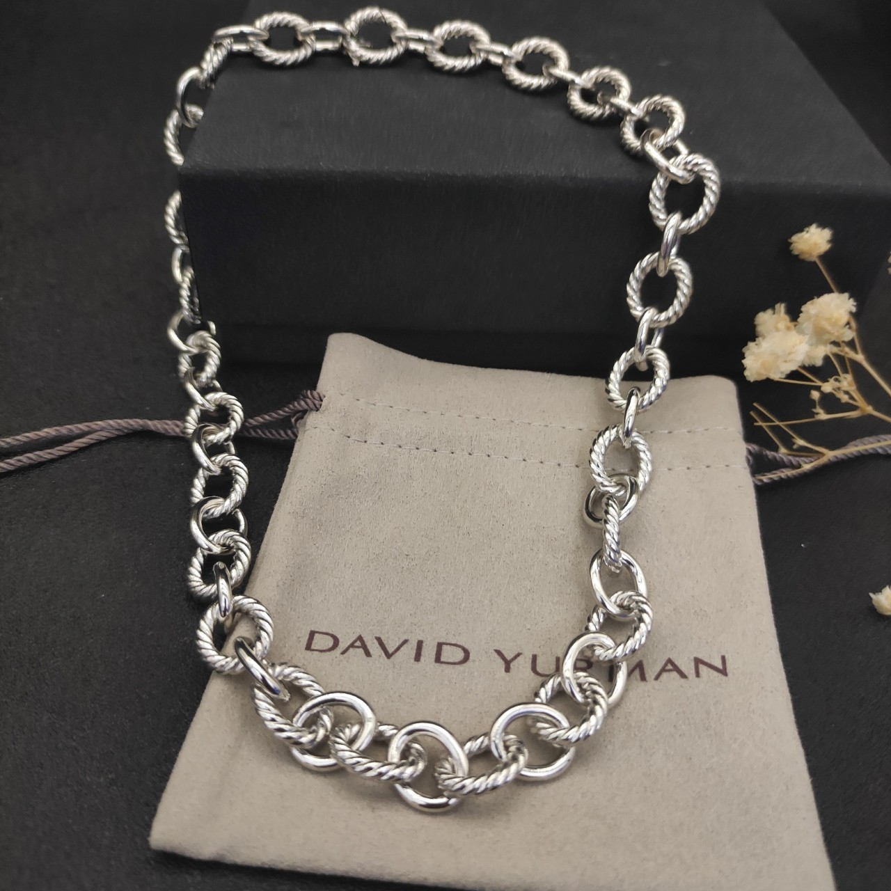 David Yurman Cable Link Oval Necklace 925 Silver Twisted Cable Wire 19.6IN