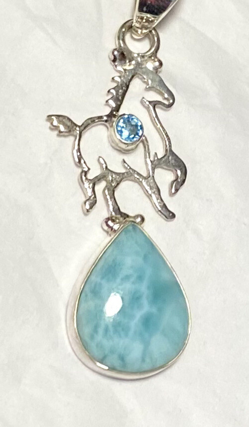 Lovely Larimar & Blue Topaz Horse Pendant 2” 925 Sterling Silver🌹