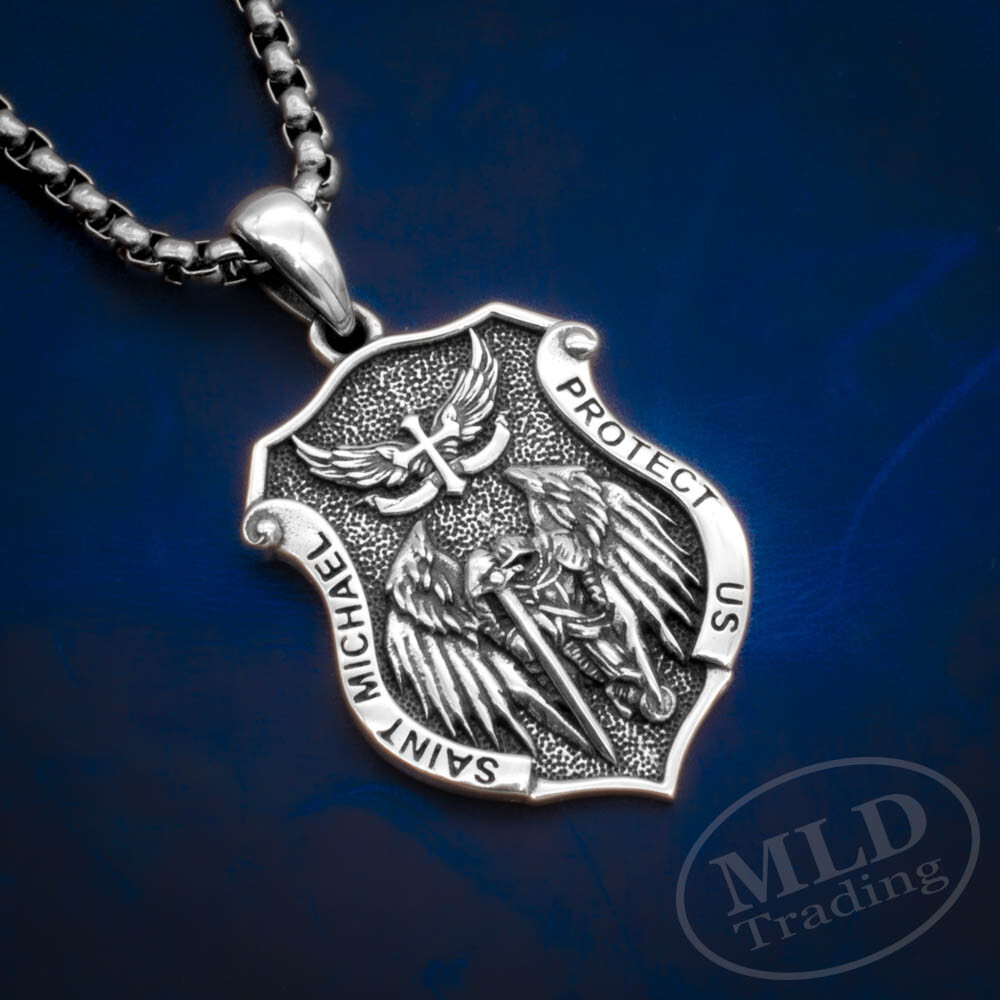 MLD 925 Sterling Silver Saint St Michael Shield Pendant Necklace – 22″ Chain