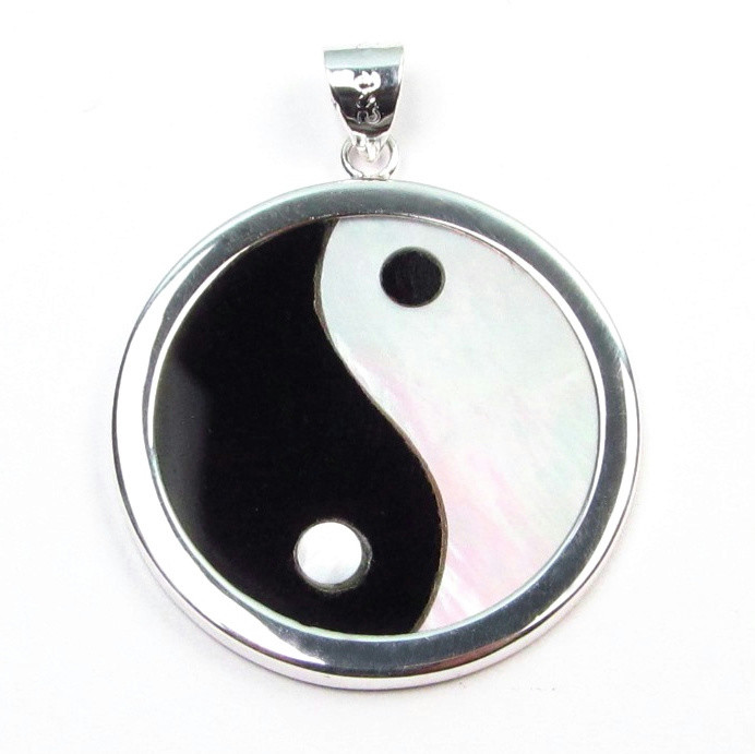 Genuine Black Agate & White Mother of Pearl Yin Yang Sterling Silver Pendant