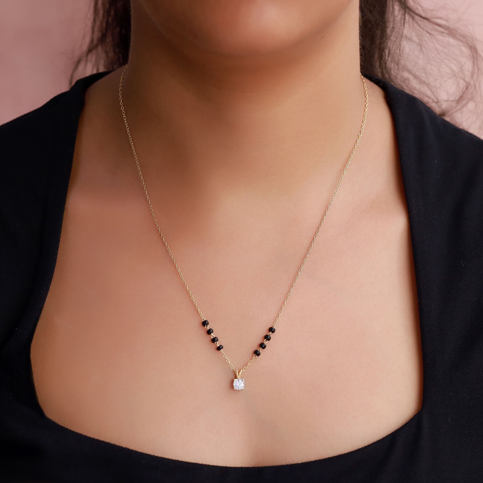 1/7 Ct Lab Grown Diamond & Black Beads Mangalsutra Necklace 925 Sterling Silver