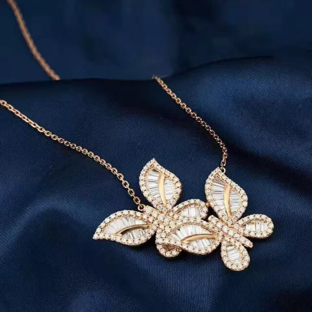 2.30Ct Round Cut Real Moissanite Double Butterfly Pendant 14K Rose Gold Plated