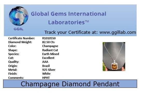 HUGE 82.50 Certified Champagne Diamond Solitaire Pendant- FREE Diamond Studs