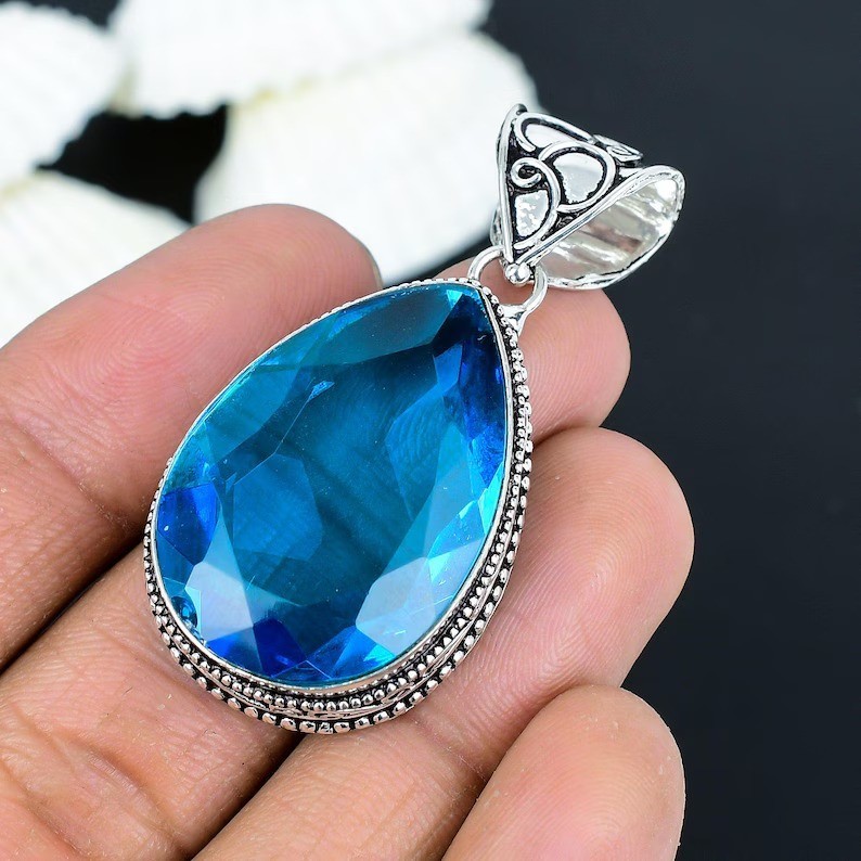Handmade Blue Topaz Gemstone Pendant: 925 Sterling Silver Jewelry For Gift