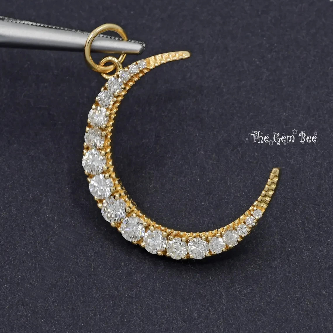 21x26mm 14K Yellow Gold 1.25CT Natural Diamond LARGE Crescent Moon Charm Pendant