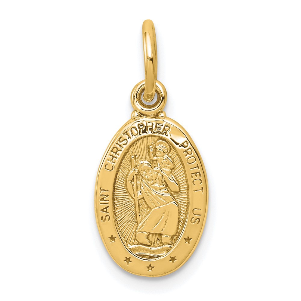 10k Yellow Gold Solid Satin Polished St. Christopher Oval Shape Charm Pendant