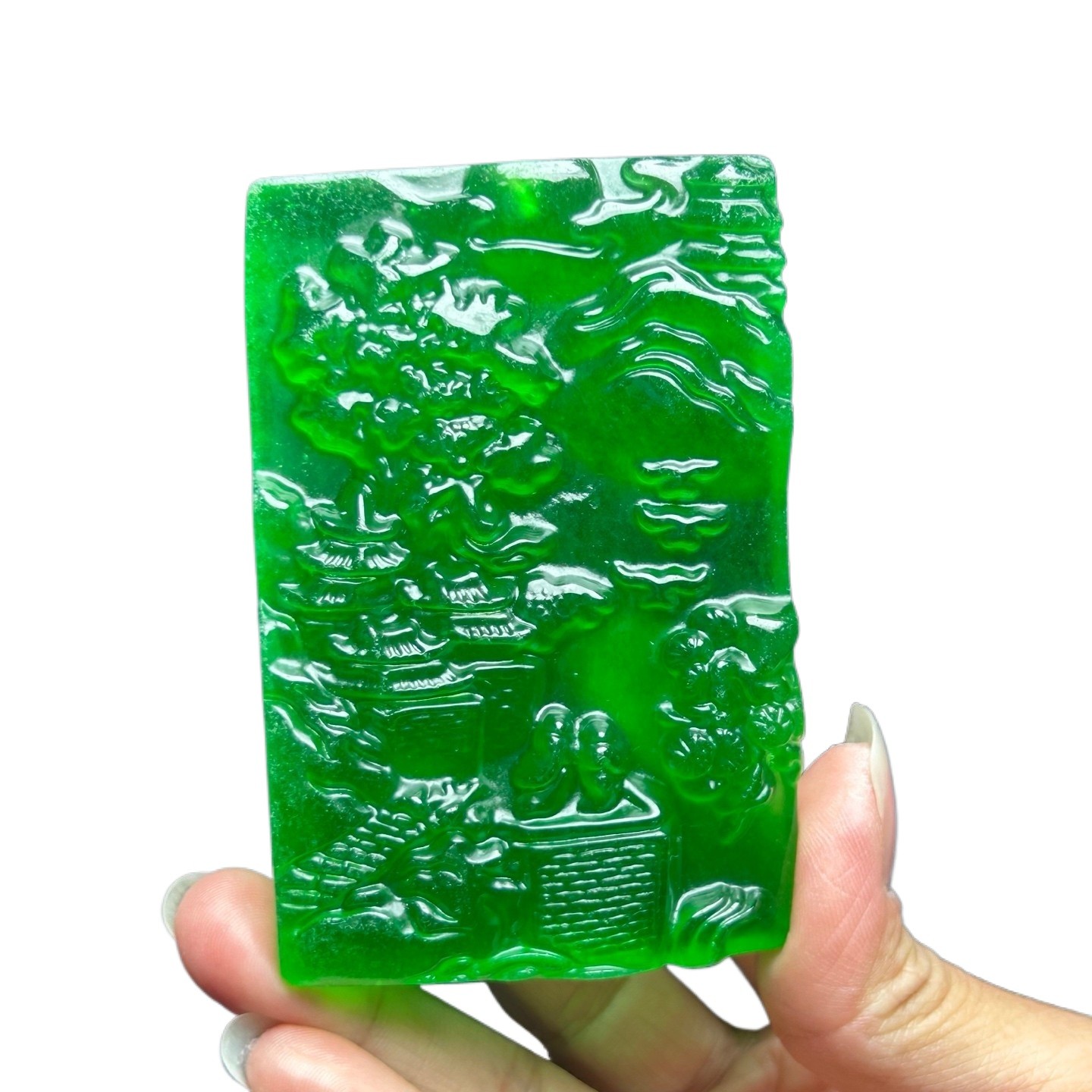 Natural Ice Green Burmese Jadeite Hand Carved Landscape Lucky Pendant Necklace