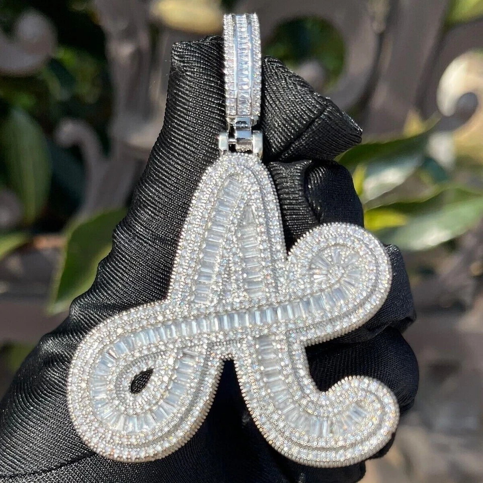 2.70Ct Lab Created Diamond Baguette “A” Initial Pendant 14K White Gold Plated