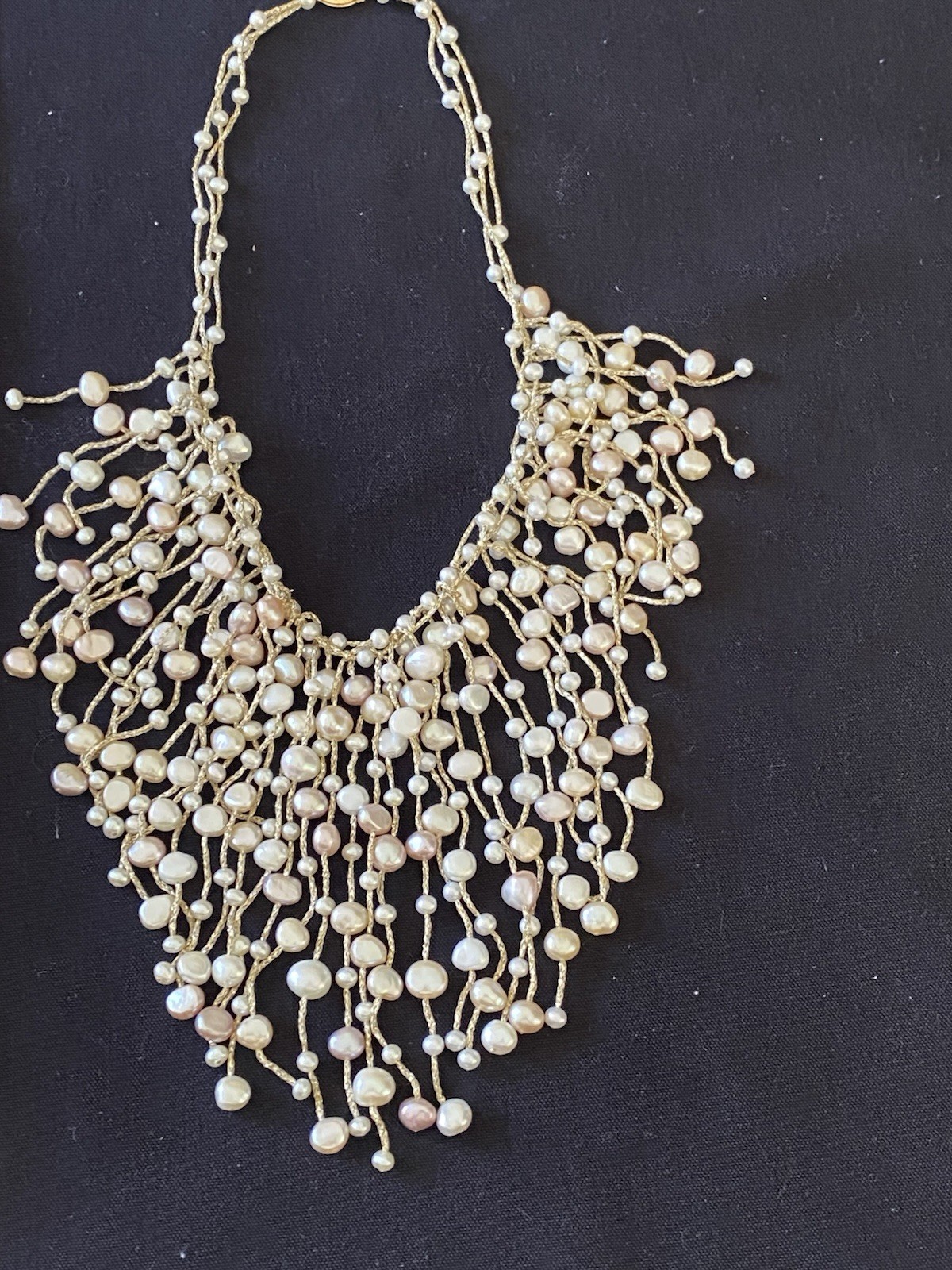 VINTAGE LADIES 14K YELLOW GOLD PALE PINK/ CREAM PEARL WATERFALL BIB NECKLACE